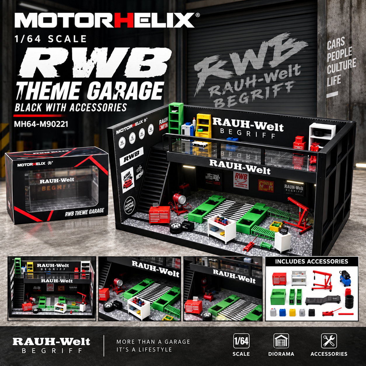 Motorhelix 1/64 Garage Scene Set - RWB Theme Garage Black M90221