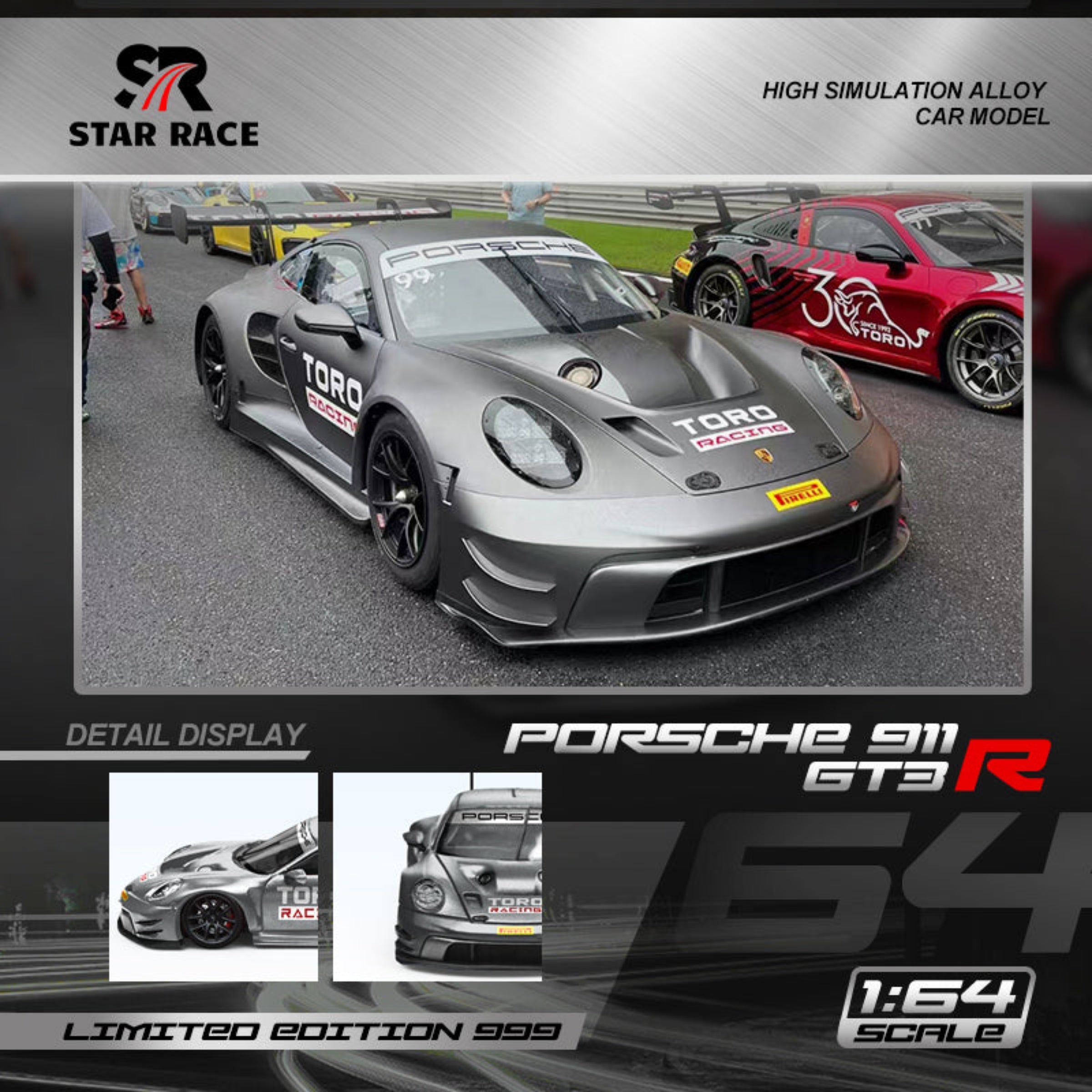 Star Race Porsche 911 GT3 Matte Silver Race Car Toro SR64025