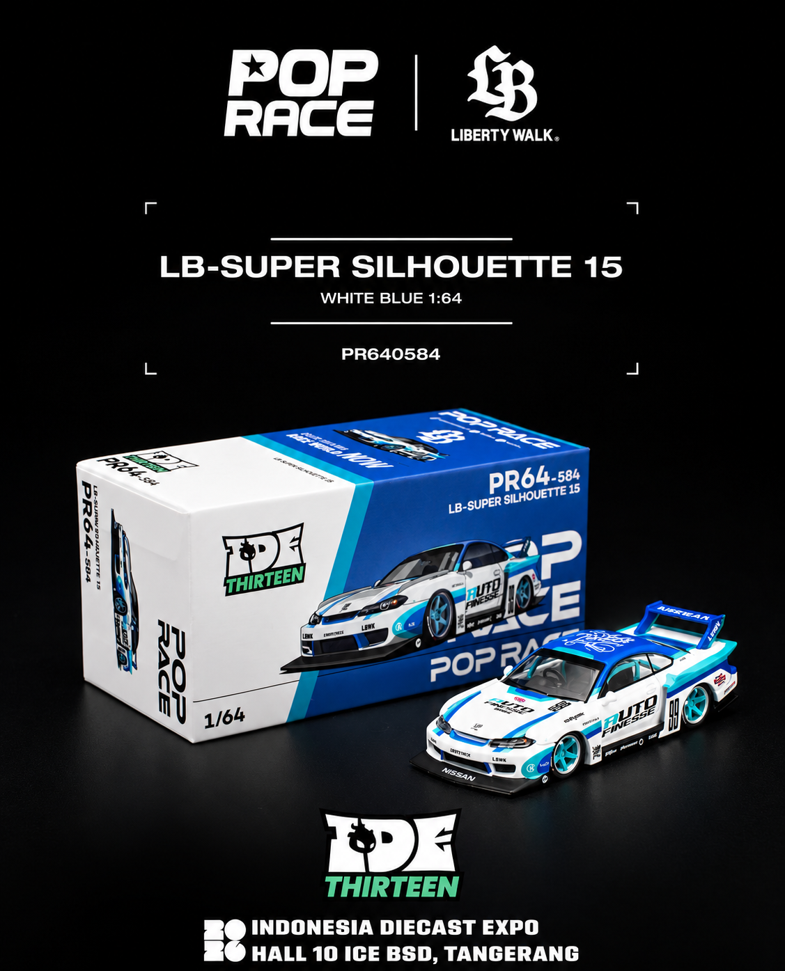 POP RACE x LBWK 1/64 Nissan Silvia S15 IDE Limited Event White Blue PR64584