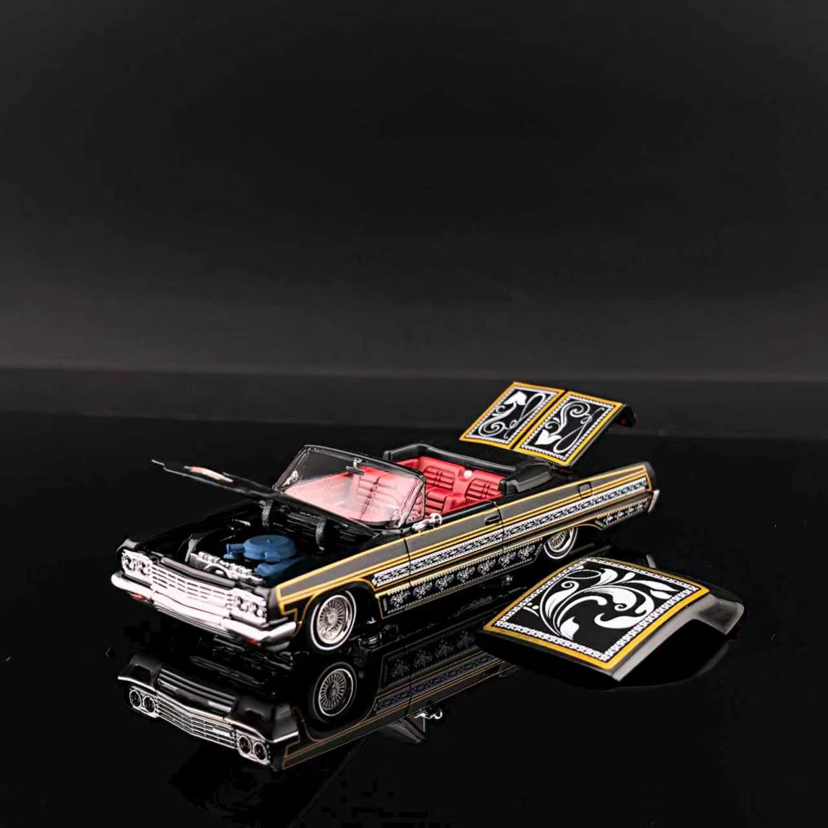 Fine Works 64 1:64 Lowrider Impala Black and Gold Bomber Car