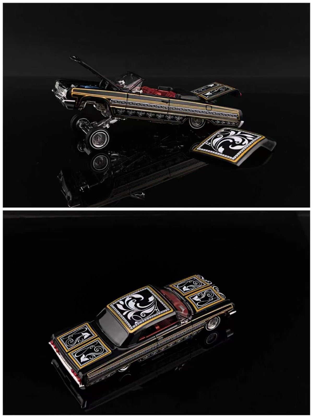 Fine Works 64 1:64 Lowrider Impala Black and Gold Bomber Car