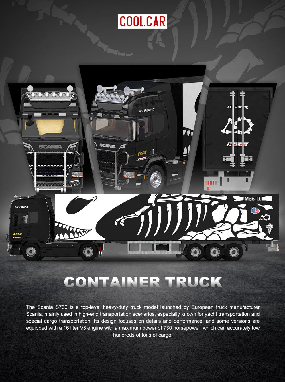 Cool Car 1:64 Scania container truck - Chalop Dragon Skeleton painted alloy car model