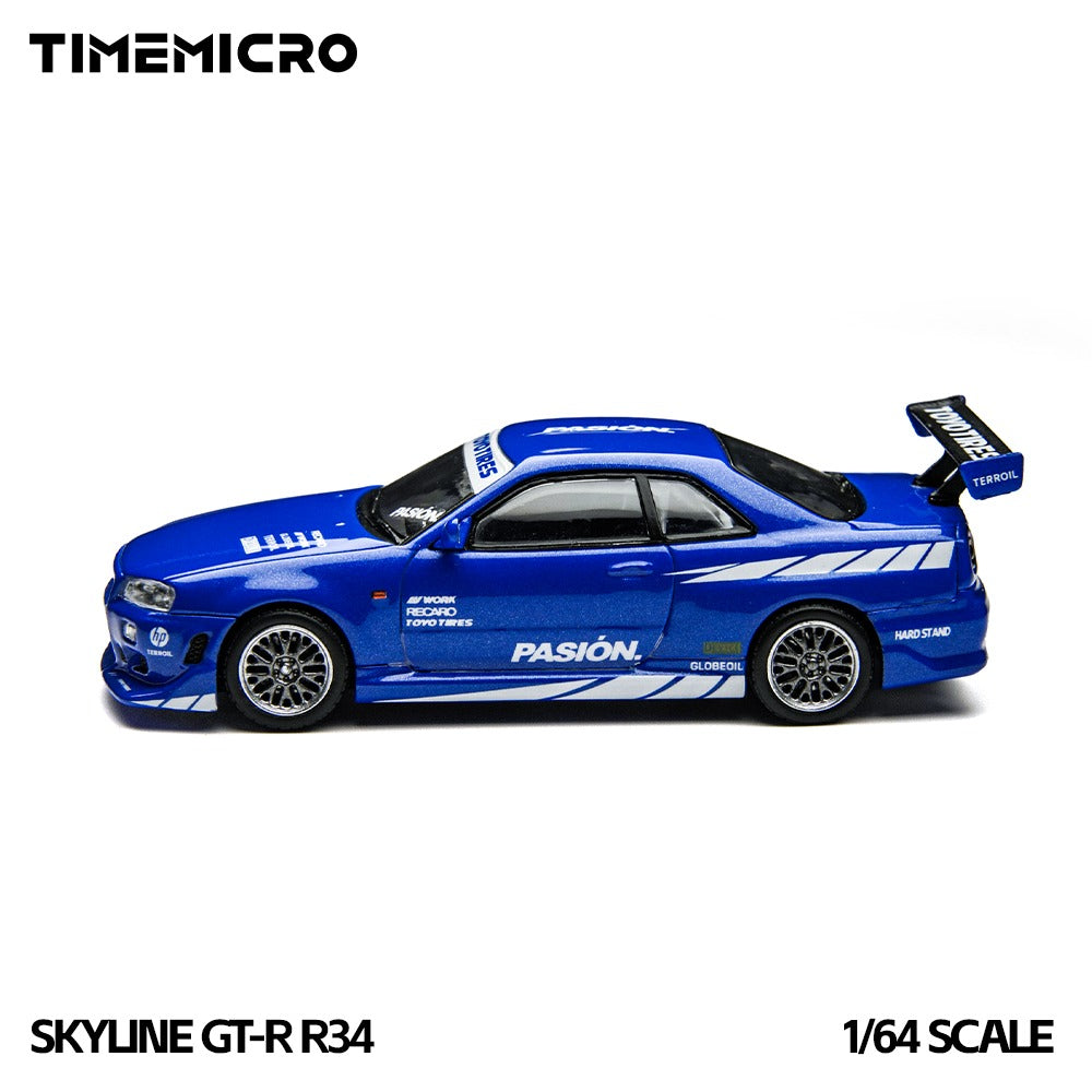 TimeMicro 1:64 Skyline GT-R R34 "Pasión" Blue Diecast Car Model