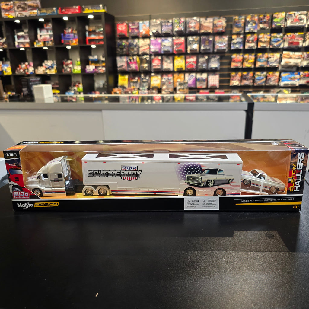 Maisto 1:64 Mijo Exclusives Mack Anthem & 1987 Chevrolet 1500 Pick-Up Truck – SQUAREBODY USA – Design Transporters