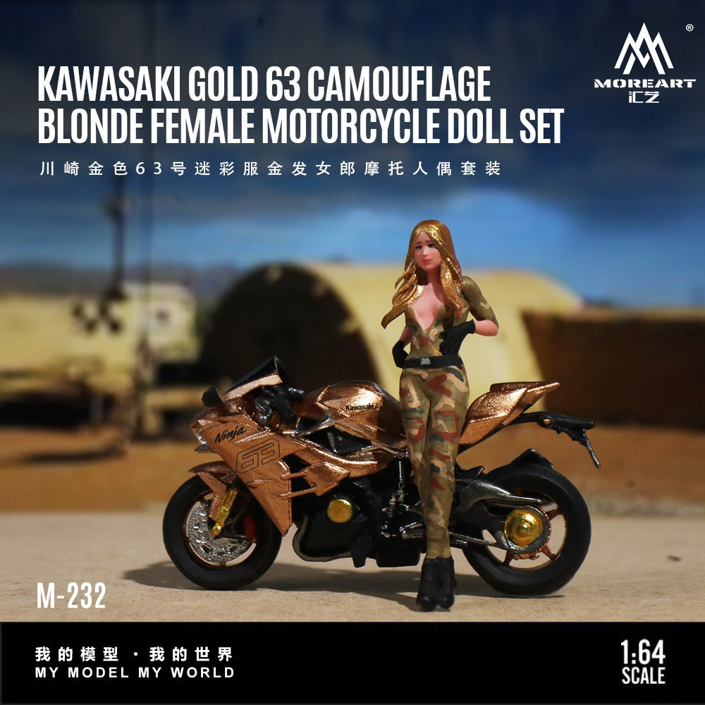 MoreArt 1:64 Kawasaki Golden 63 Camouflage Uniform Blonde Girl Motorcycle Figure Resin Model
