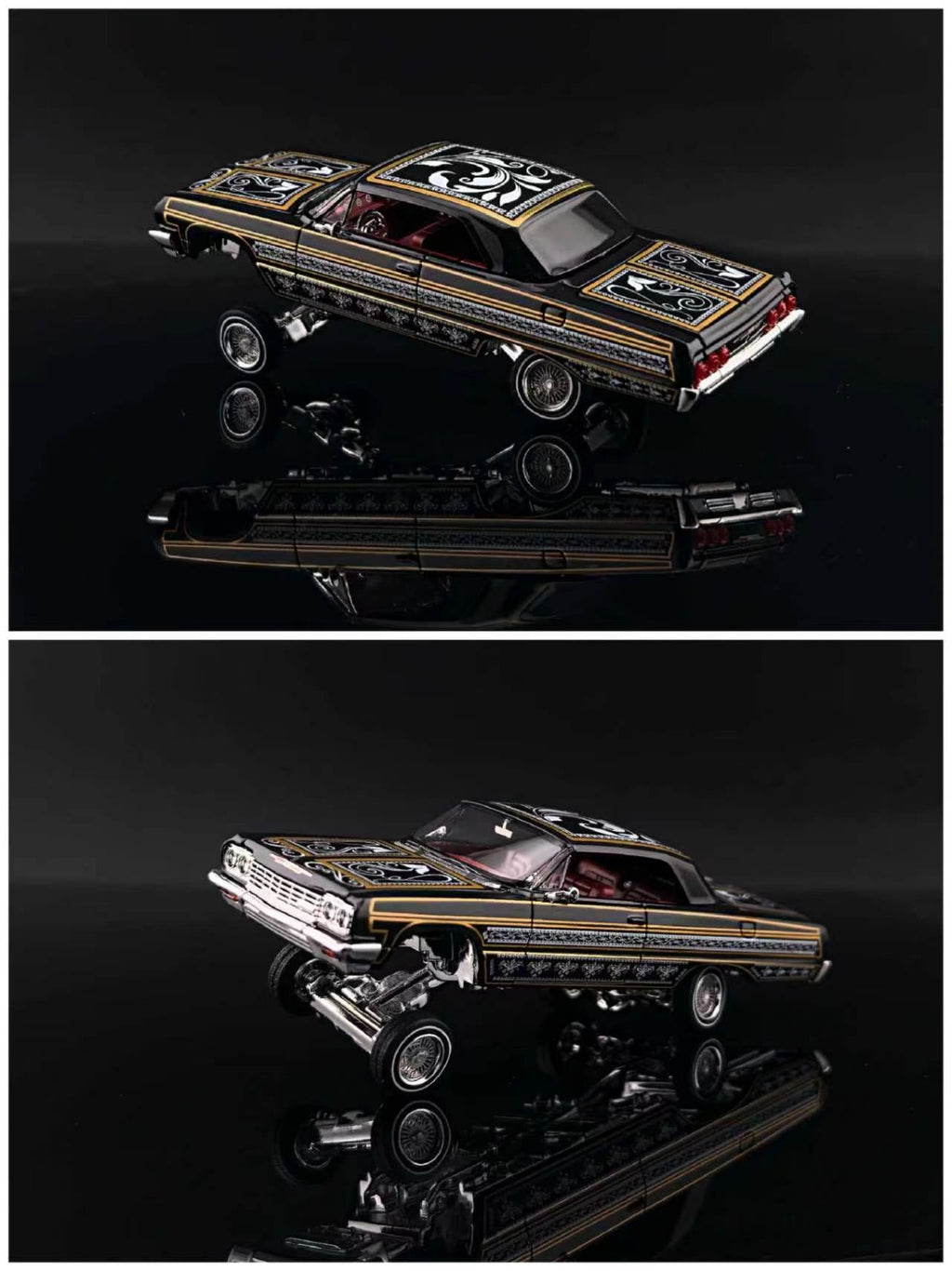 Fine Works 64 1:64 Lowrider Impala Black and Gold Bomber Car