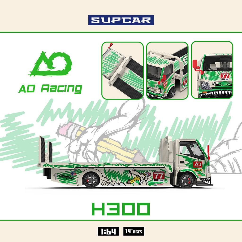 SC 1:64 H300 Flat Transport Trailer - Model 77 - White and Green Graffiti Green Dinosaur Painted Sketchy