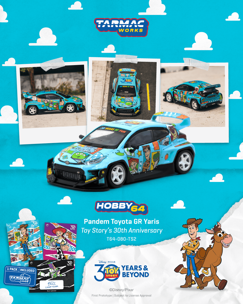 Tarmac Works HOBBY64 1/64 Pandem Toyota GR Yaris Toy Story - 30th Anniversary Model Car + Trading Cards Combo Set T64-080-TS2