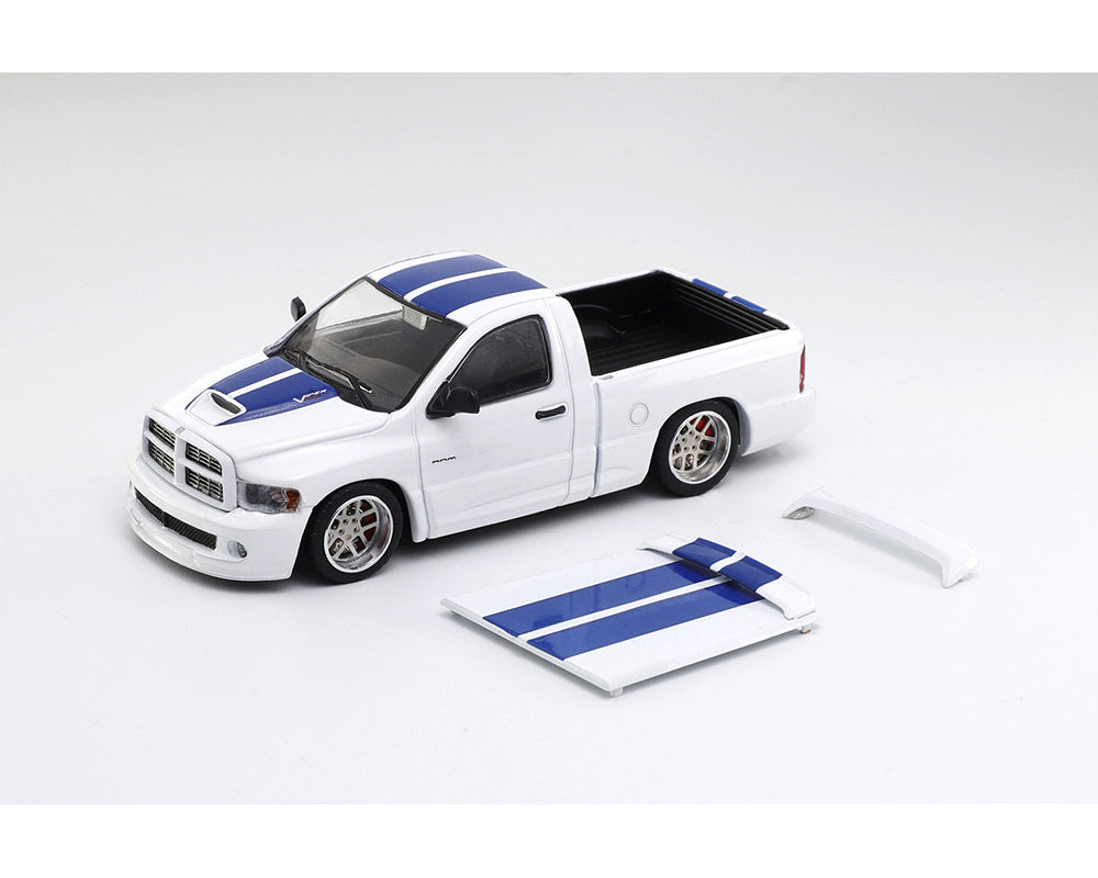 SHOOM64 1:64 2003 Dodge Ram SRT-10 Pickup – White with Blue Racing Stripes