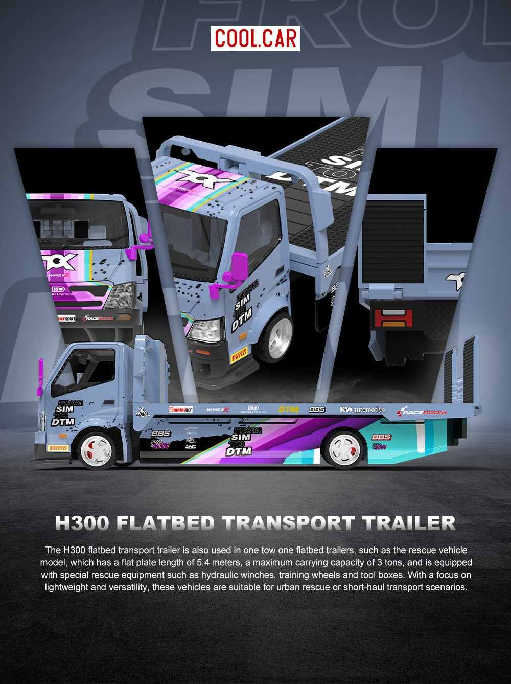 Cool Car 1:64 H300 flat transport trailer, color-coated imitation alloy car model Sim to DTM