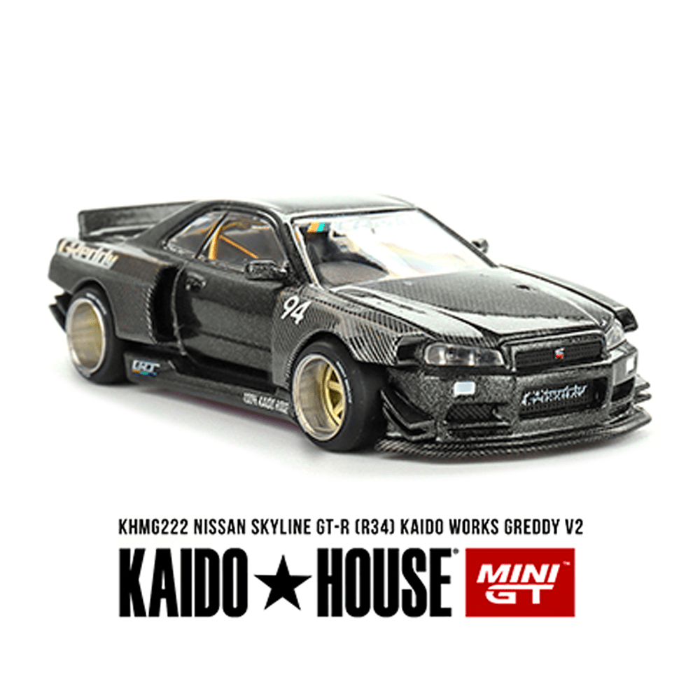 Kaido House 1:64 Nissan Skyline GT-R (R34) Kaido Works GReddy V2 – Black w/ Carbon