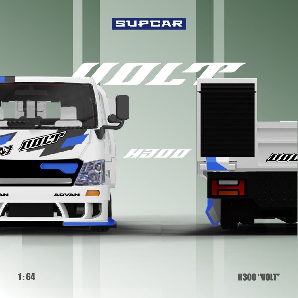Supcar 1:64 H300 flat transport trailer - Original design ADVAN "VOLT" blue and white painted alloy car model