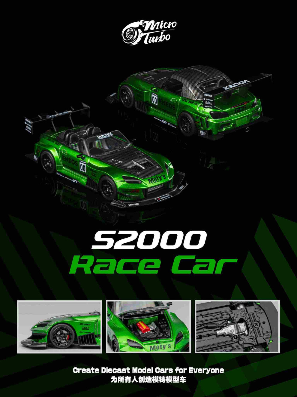 Micro Turbo 1:64 Custom S2000 Race Car Green MT6408A9