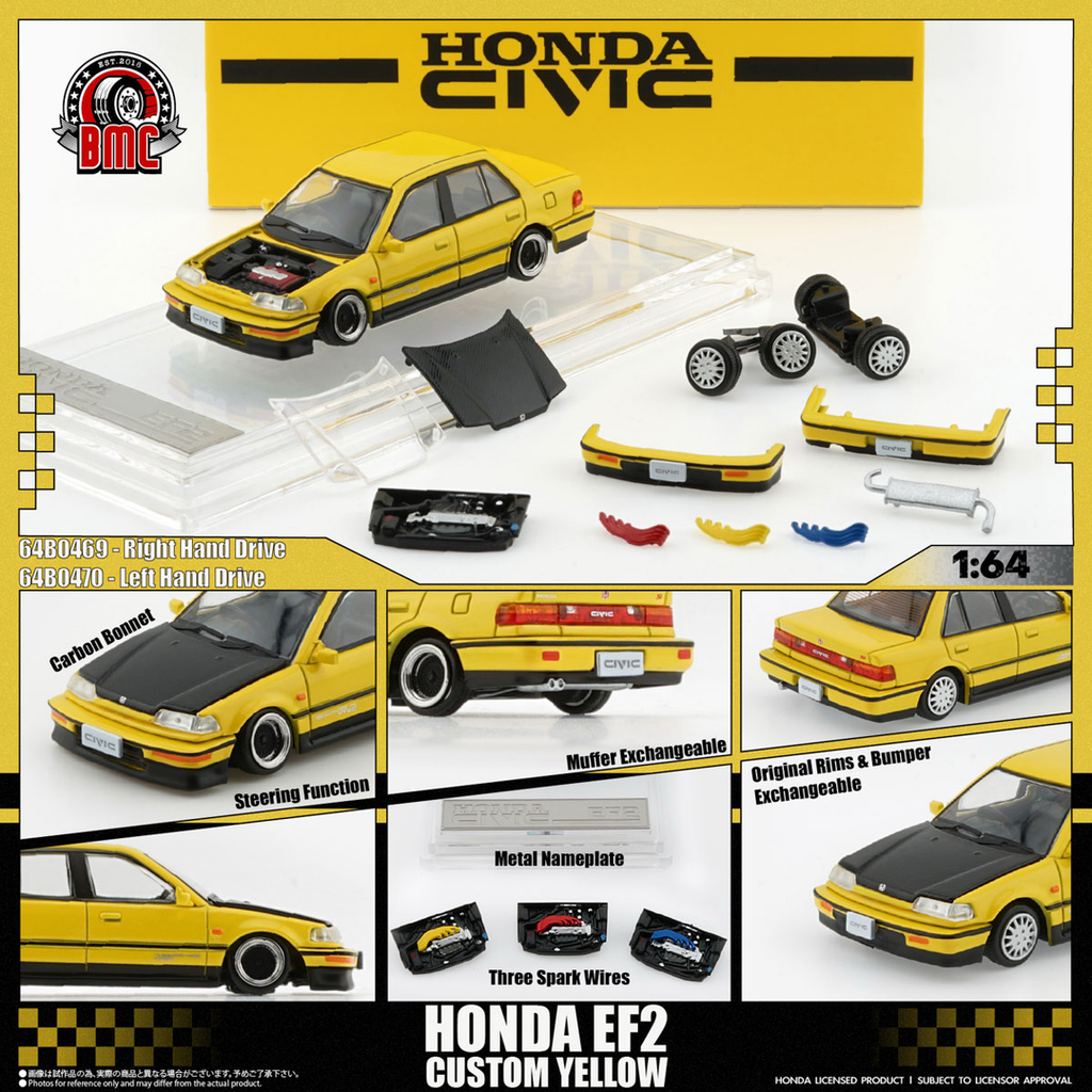 BM Creations 1/64 HONDA CIVIC EF2 1991 - Custom Yellow with Black Bonnet LHD 64B0470