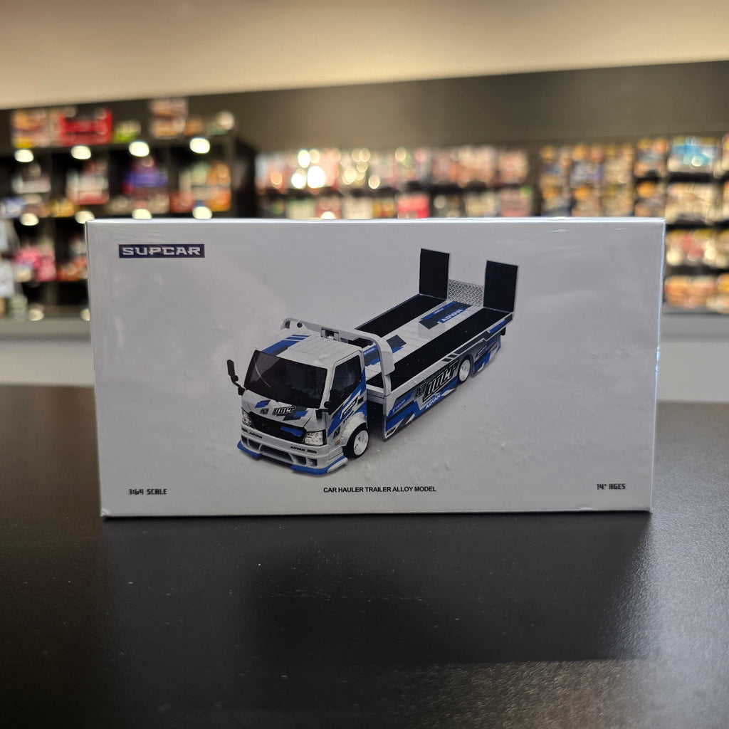 Supcar 1:64 H300 flat transport trailer - Original design ADVAN "VOLT" blue and white painted alloy car model