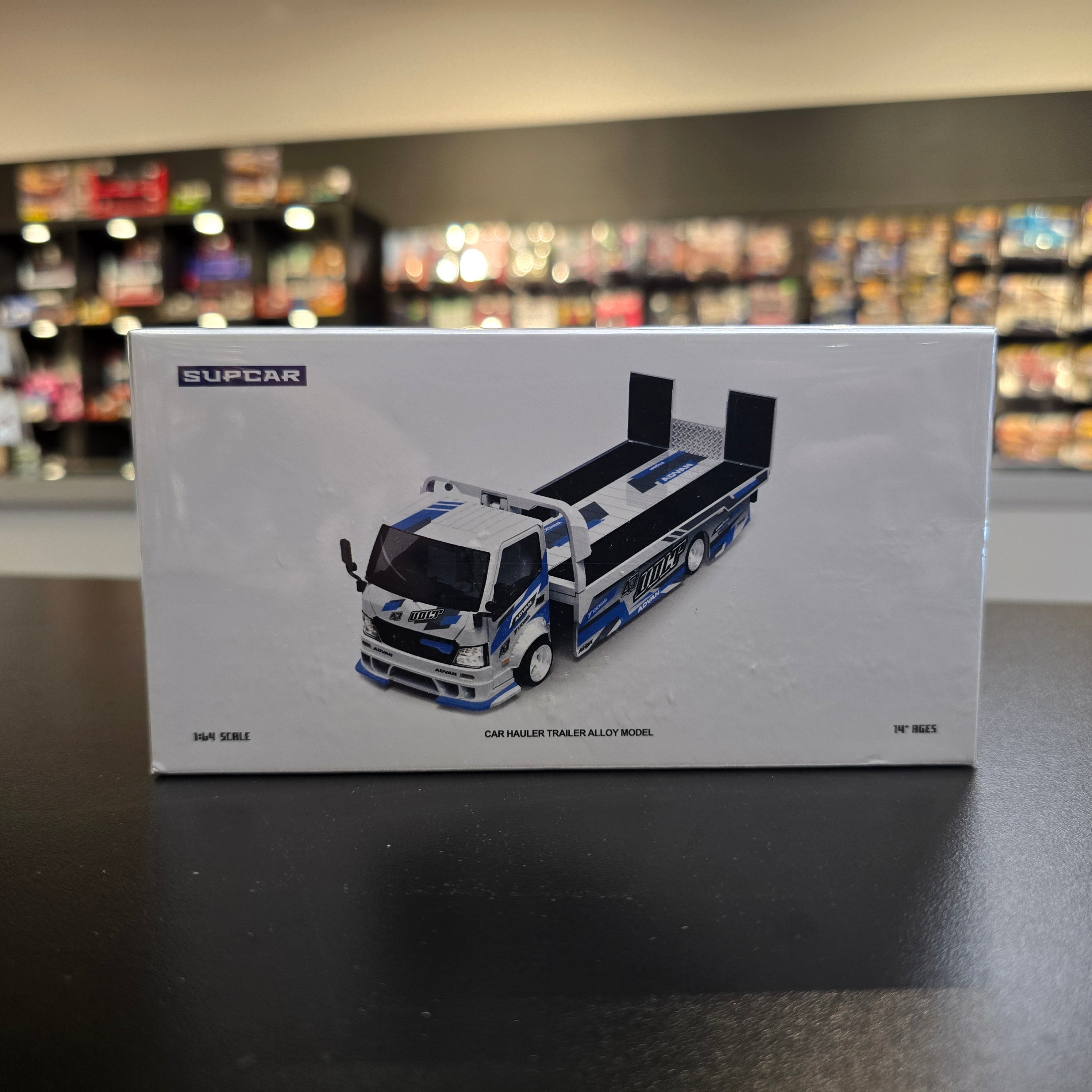 Supcar 1:64 H300 flat transport trailer - Original design ADVAN "VOLT" blue and white painted alloy car model