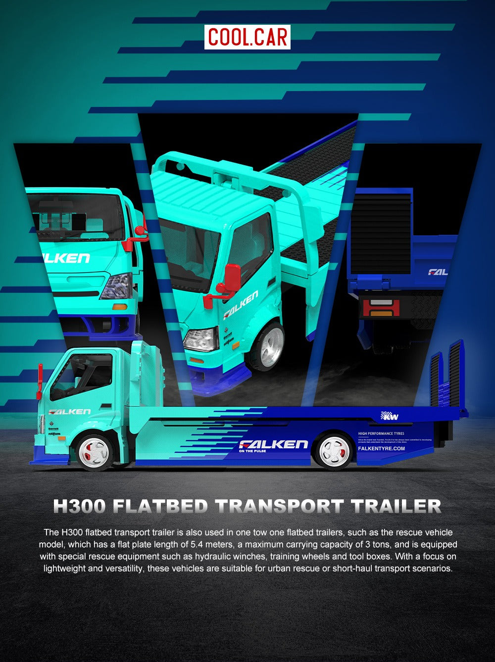 Cool Car 1:64 H300 flat transport trailer, Falken blue and cyan painted alloy car model