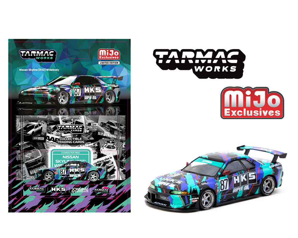 Tarmac Works 1:64 Nissan Skyline (R32) Widebody Jonsibal Designworks & HKS with Card Pack – Blue, Green, Black – Tarmac Cards