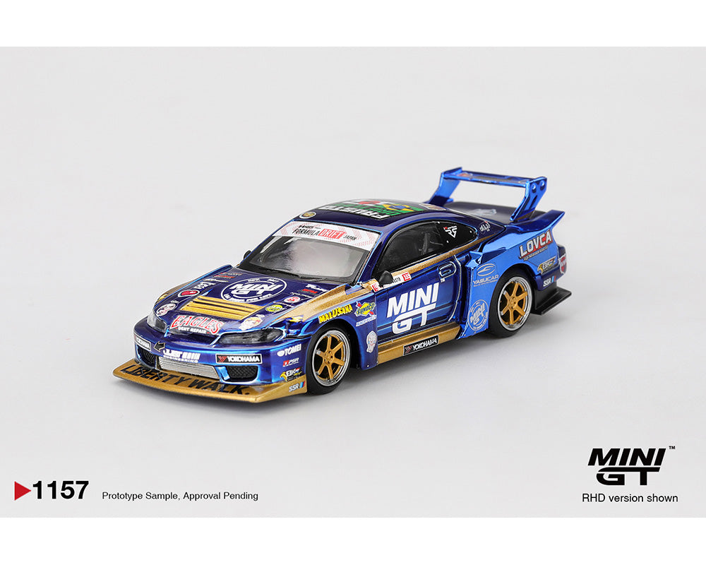 Mini GT 1:64 Nissan LB-Super Silhouette S15 SILVIA #555 Team MINI GT Liberty Walk 2025 Formula Drift – Chrome Blue 1157