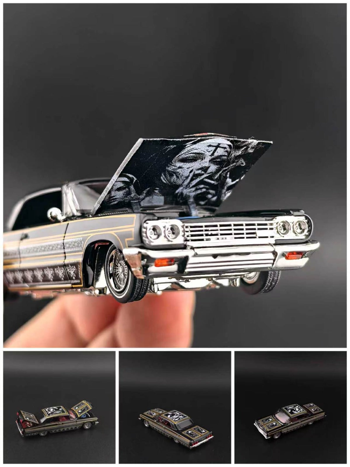 Fine Works 64 1:64 Lowrider Impala Black and Gold Bomber Car