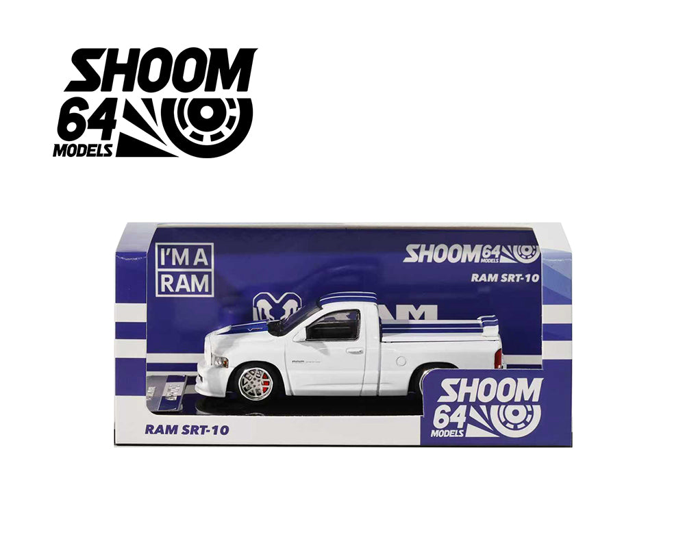 SHOOM64 1:64 2003 Dodge Ram SRT-10 Pickup – White with Blue Racing Stripes