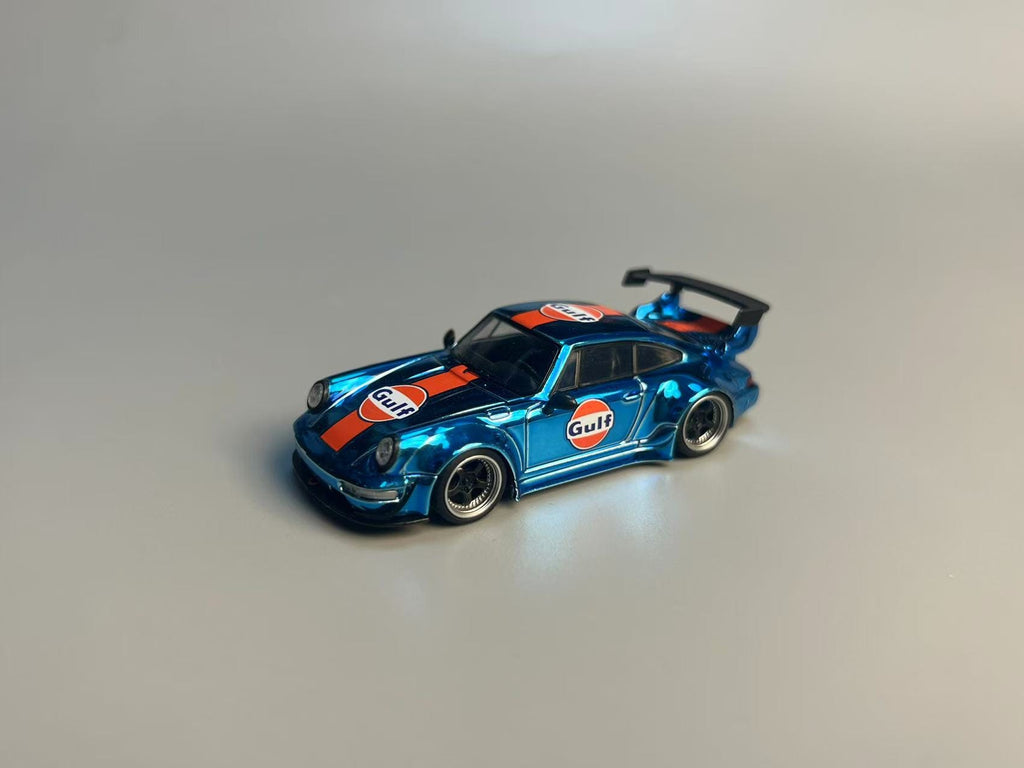 Flame 1:64 Porsche RWB 964 Diecast Model Chrome Blue Gulf