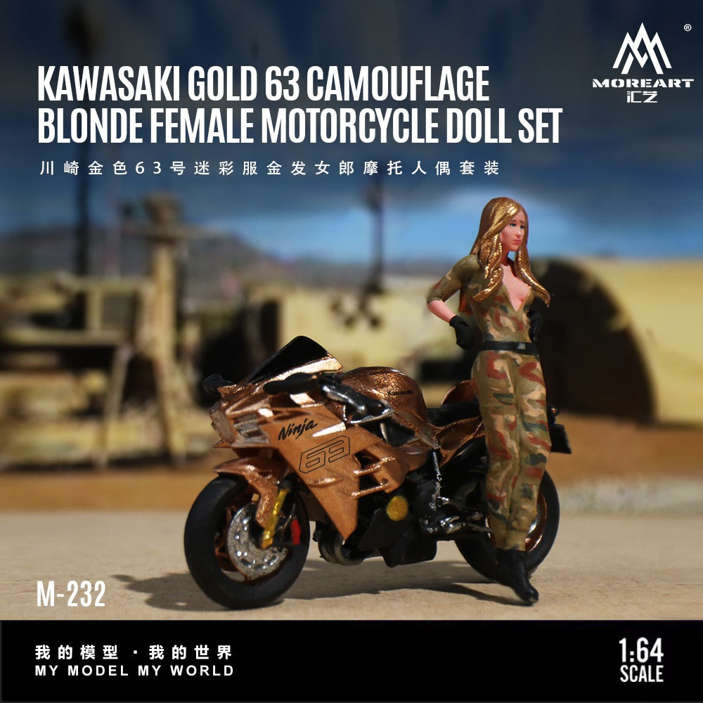 MoreArt 1:64 Kawasaki Golden 63 Camouflage Uniform Blonde Girl Motorcycle Figure Resin Model
