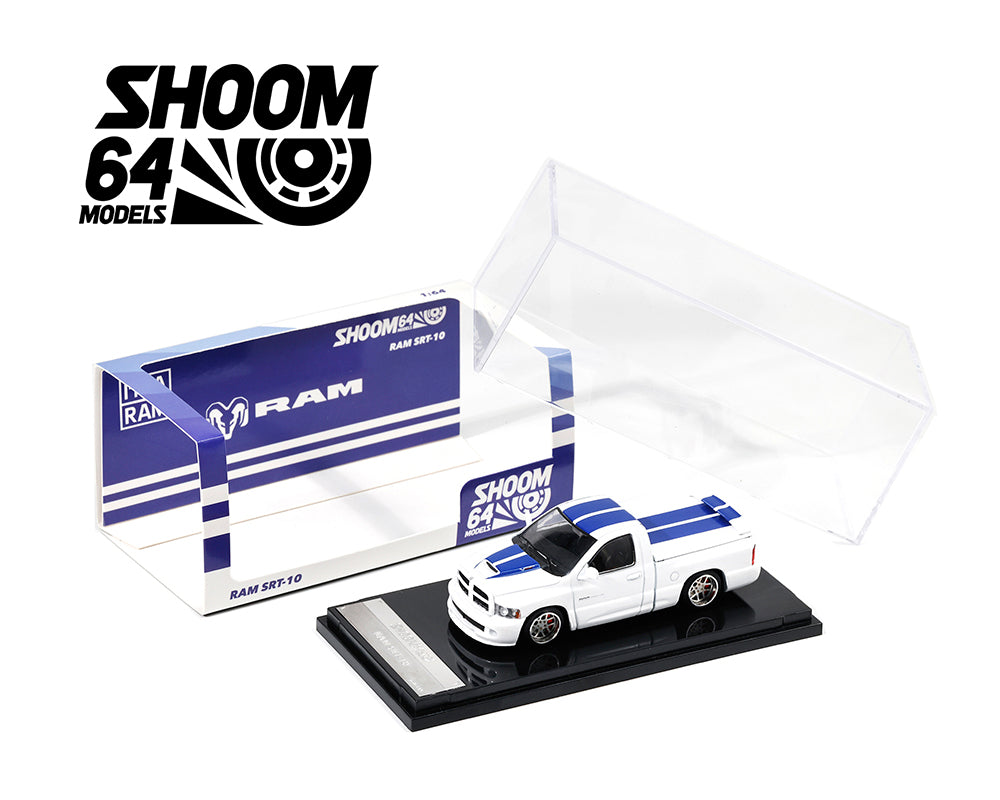 SHOOM64 1:64 2003 Dodge Ram SRT-10 Pickup – White with Blue Racing Stripes
