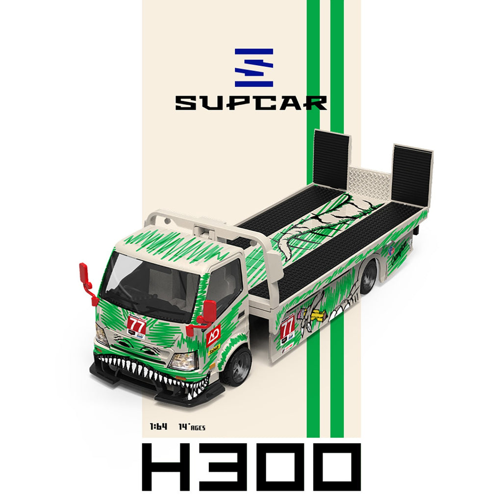 SC 1:64 H300 Flat Transport Trailer - Model 77 - White and Green Graffiti Green Dinosaur Painted Sketchy