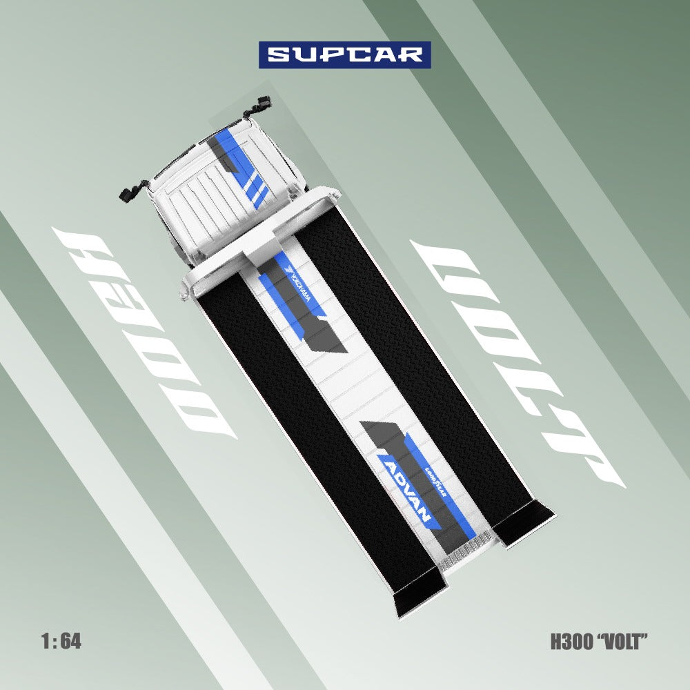 Supcar 1:64 H300 flat transport trailer - Original design ADVAN "VOLT" blue and white painted alloy car model