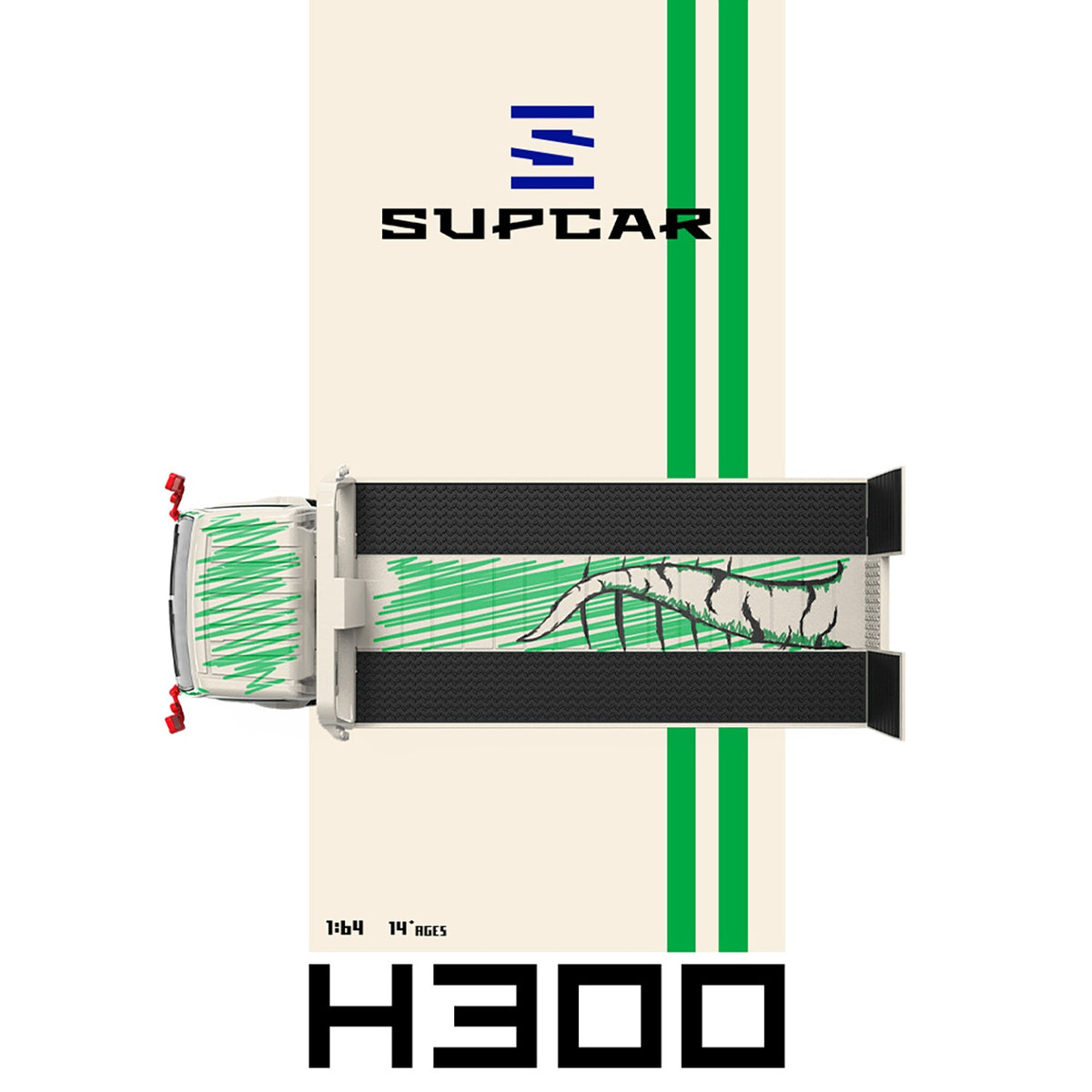 SC 1:64 H300 Flat Transport Trailer - Model 77 - White and Green Graffiti Green Dinosaur Painted Sketchy