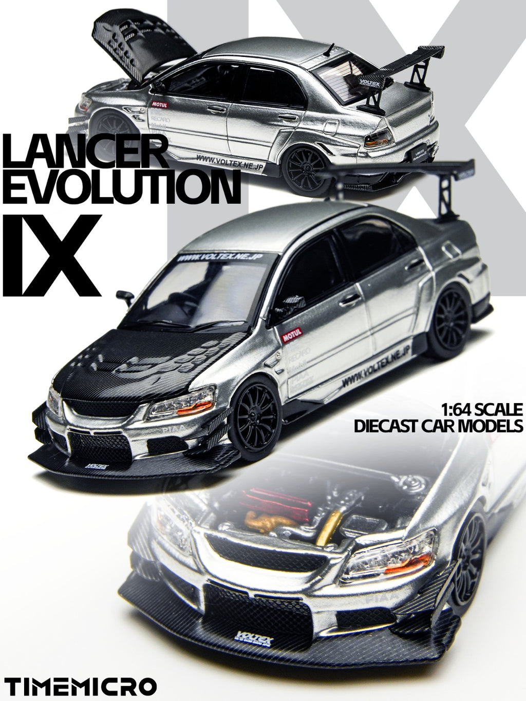 Time Micro 1:64 EVO 9 LANCER EVOLUTION Silver Opening Hood Edition Realistic Alloy Car Model