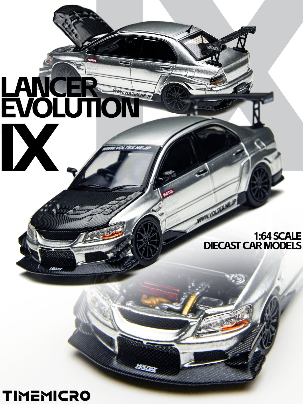 Time Micro 1:64 EVO 9 LANCER EVOLUTION Silver Opening Hood Edition Realistic Alloy Car Model