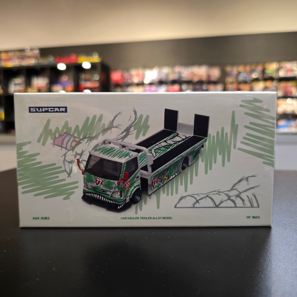 SC 1:64 H300 Flat Transport Trailer - Model 77 - White and Green Graffiti Green Dinosaur Painted Sketchy
