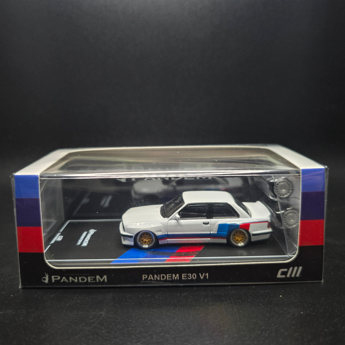 CM MODEL 1/64 Pandem M3 E30 Alpine White with M Tri-Stripes CM64-E30-02