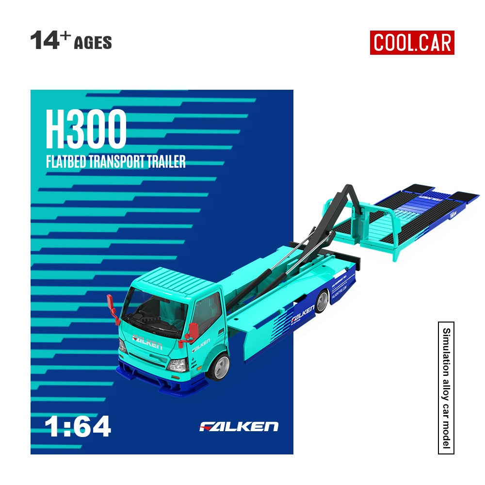 Cool Car 1:64 H300 flat transport trailer, Falken blue and cyan painted alloy car model