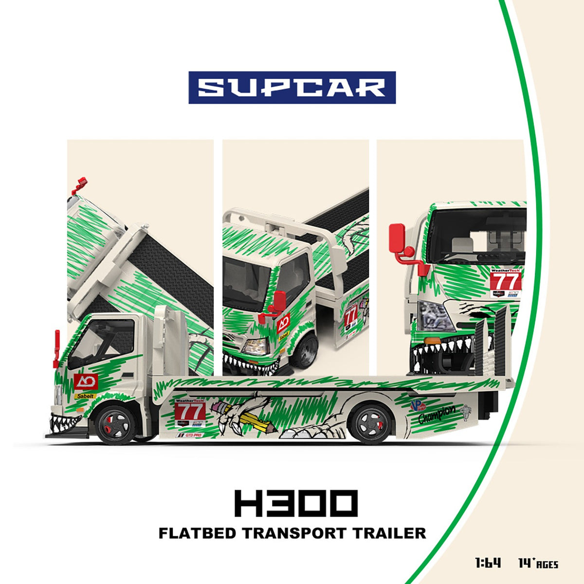 SC 1:64 H300 Flat Transport Trailer - Model 77 - White and Green Graffiti Green Dinosaur Painted Sketchy