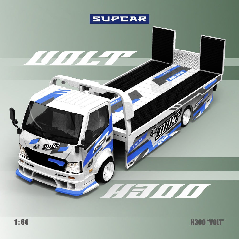 Supcar 1:64 H300 flat transport trailer - Original design ADVAN "VOLT" blue and white painted alloy car model