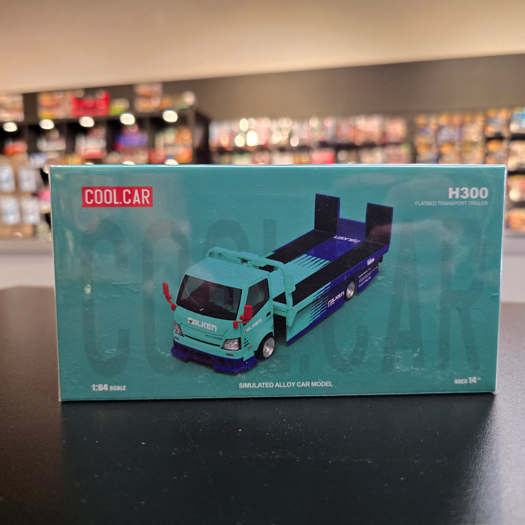 Cool Car 1:64 H300 flat transport trailer, Falken blue and cyan painted alloy car model