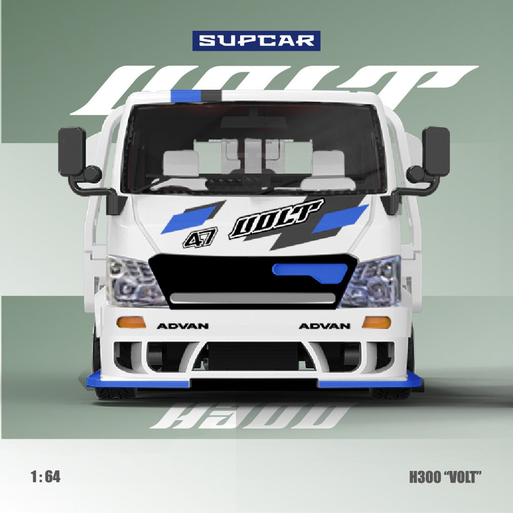 Supcar 1:64 H300 flat transport trailer - Original design ADVAN "VOLT" blue and white painted alloy car model