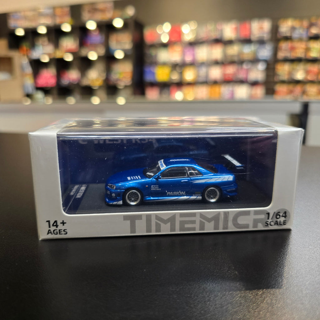 TimeMicro 1:64 Skyline GT-R R34 "Pasión" Blue Diecast Car Model