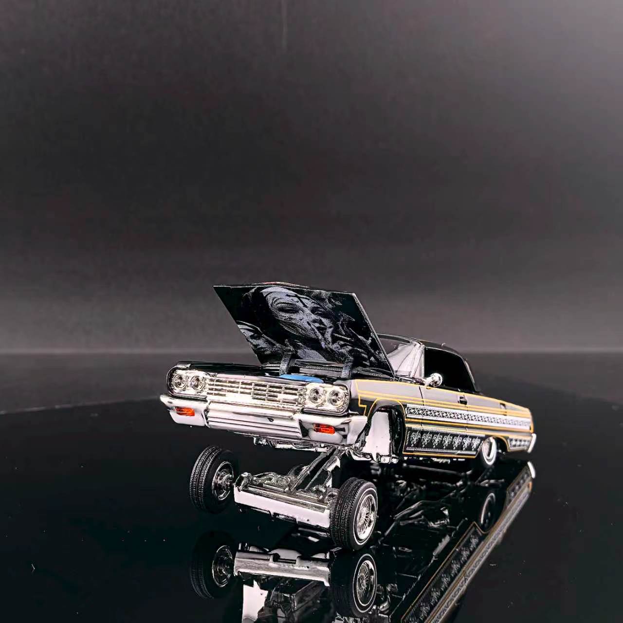 Fine Works 64 1:64 Lowrider Impala Black and Gold Bomber Car
