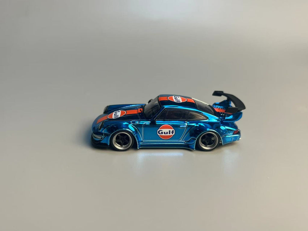 Flame 1:64 Porsche RWB 964 Diecast Model Chrome Blue Gulf