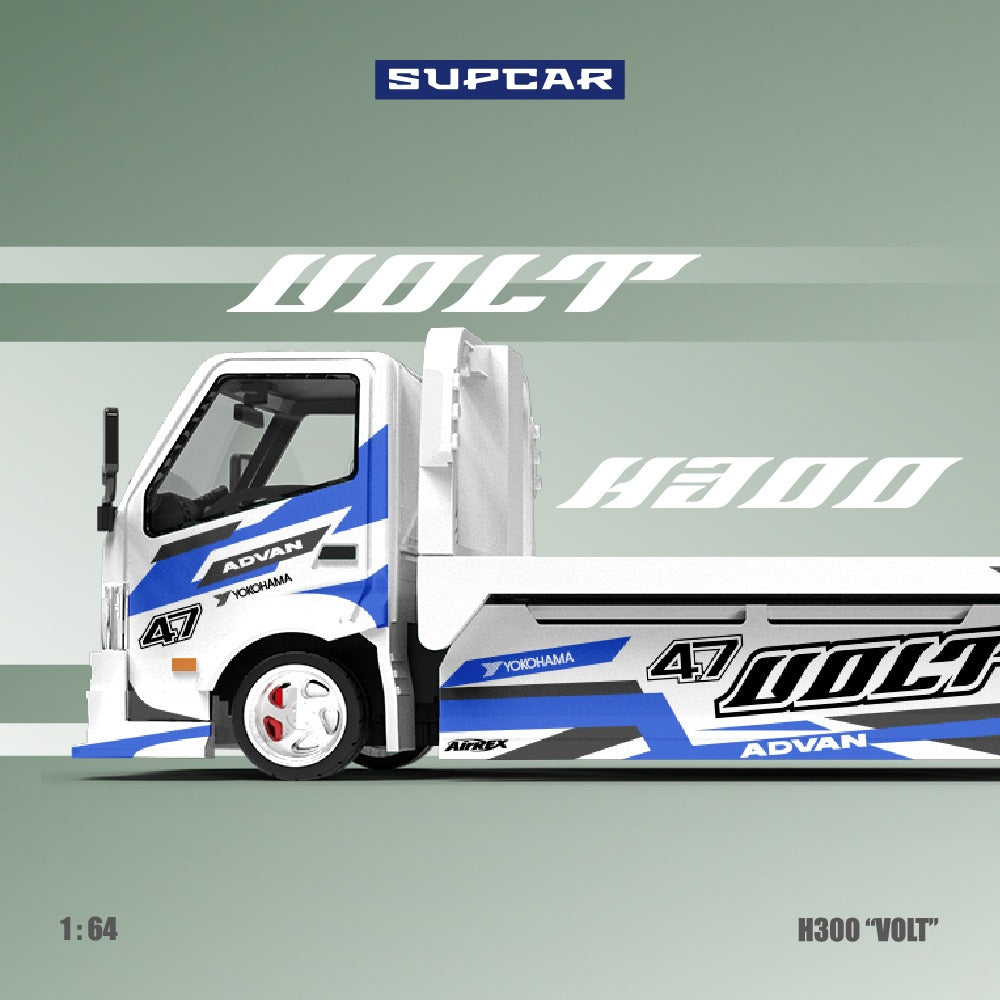 Supcar 1:64 H300 flat transport trailer - Original design ADVAN "VOLT" blue and white painted alloy car model