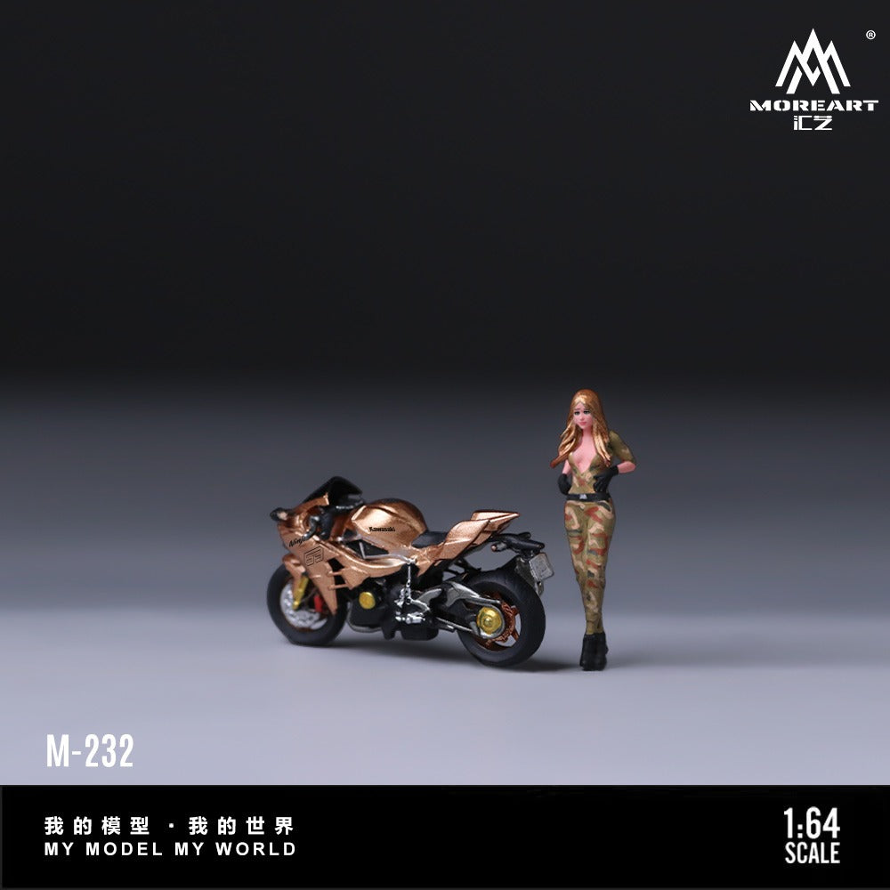 MoreArt 1:64 Kawasaki Golden 63 Camouflage Uniform Blonde Girl Motorcycle Figure Resin Model