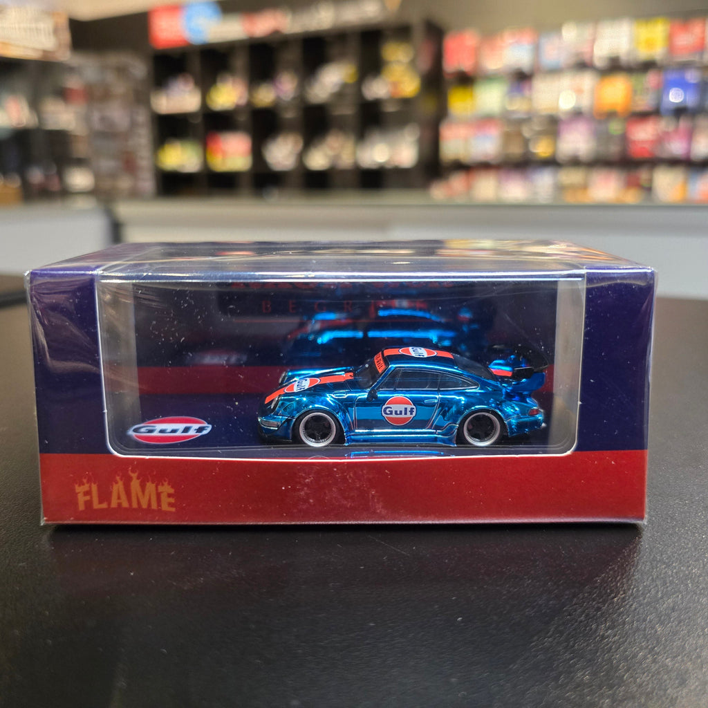 Flame 1:64 Porsche RWB 964 Diecast Model Chrome Blue Gulf
