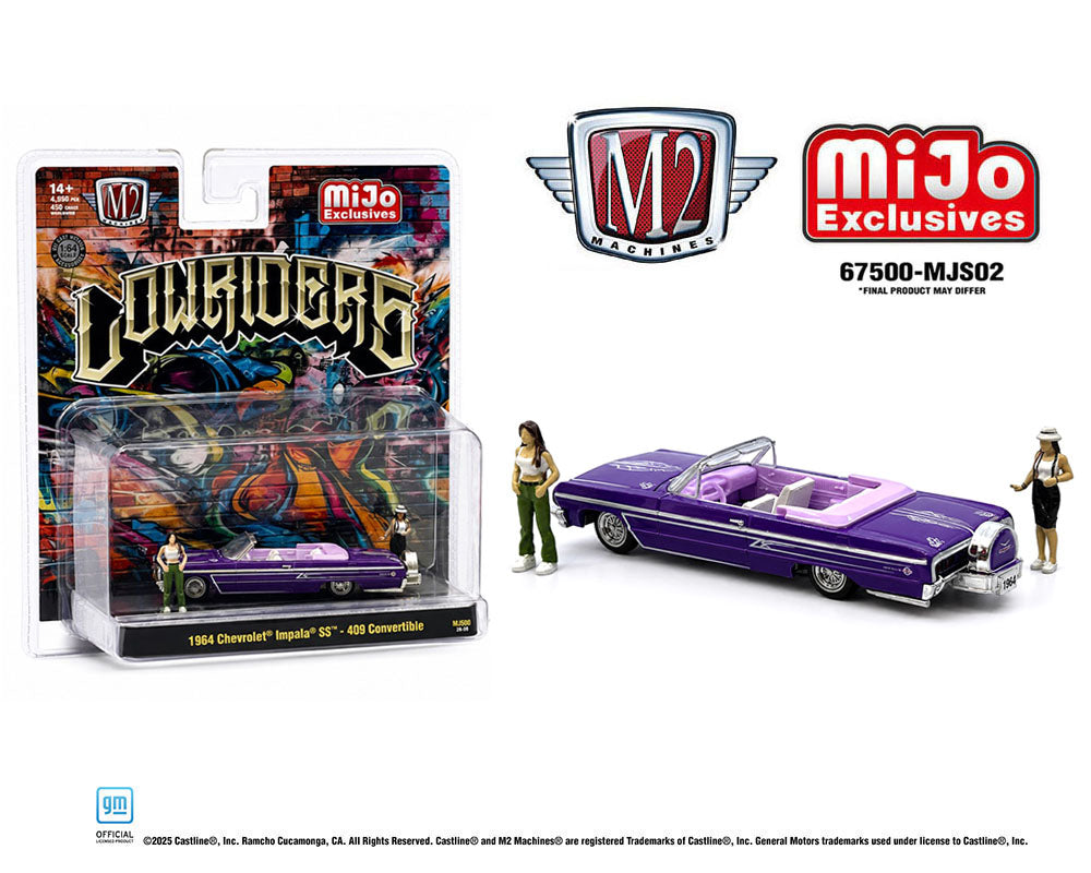 M2 Machines 1:64 Diorama Series 1964 Chevrolet Impala SS Convertible Top-Down Lowriders with 2 Ladies Figures – Metallic Purple