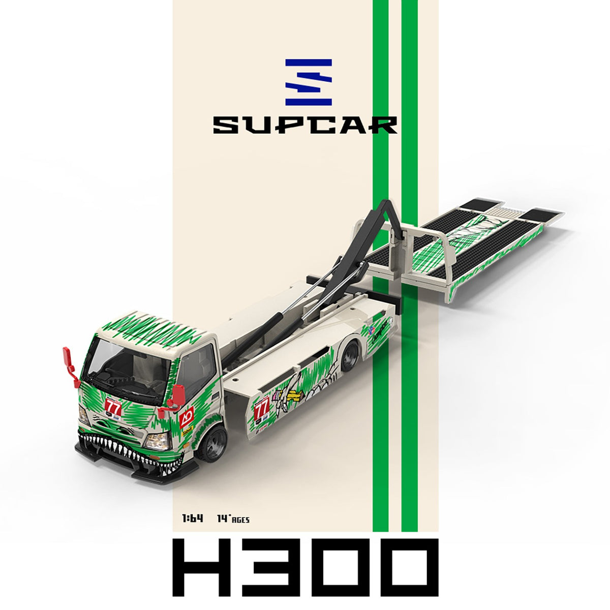 SC 1:64 H300 Flat Transport Trailer - Model 77 - White and Green Graffiti Green Dinosaur Painted Sketchy