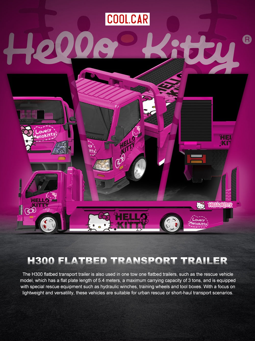 Coolcar 1:64 H300 Car Transport Hauler Pink Hello Kitty Livery