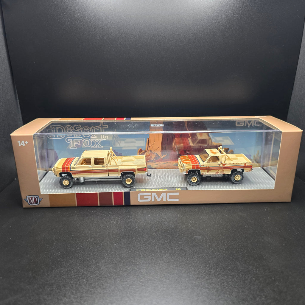 M2 Machines Hauler 1977 GMC Sierra Classic 3500 4X4 & 1977 GMC Sierra Grande 15 “Desert Fox”